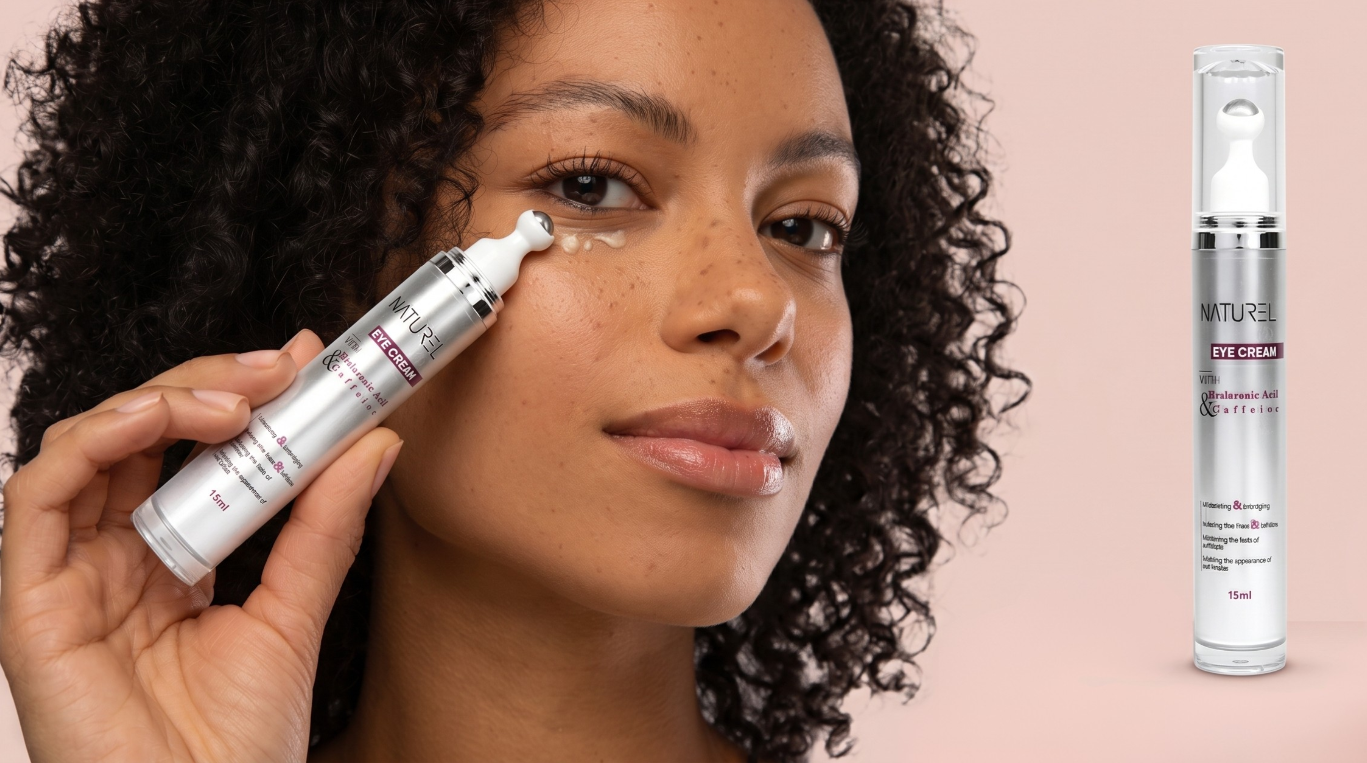 Woman applying eye cream to her face with a product container displayed.